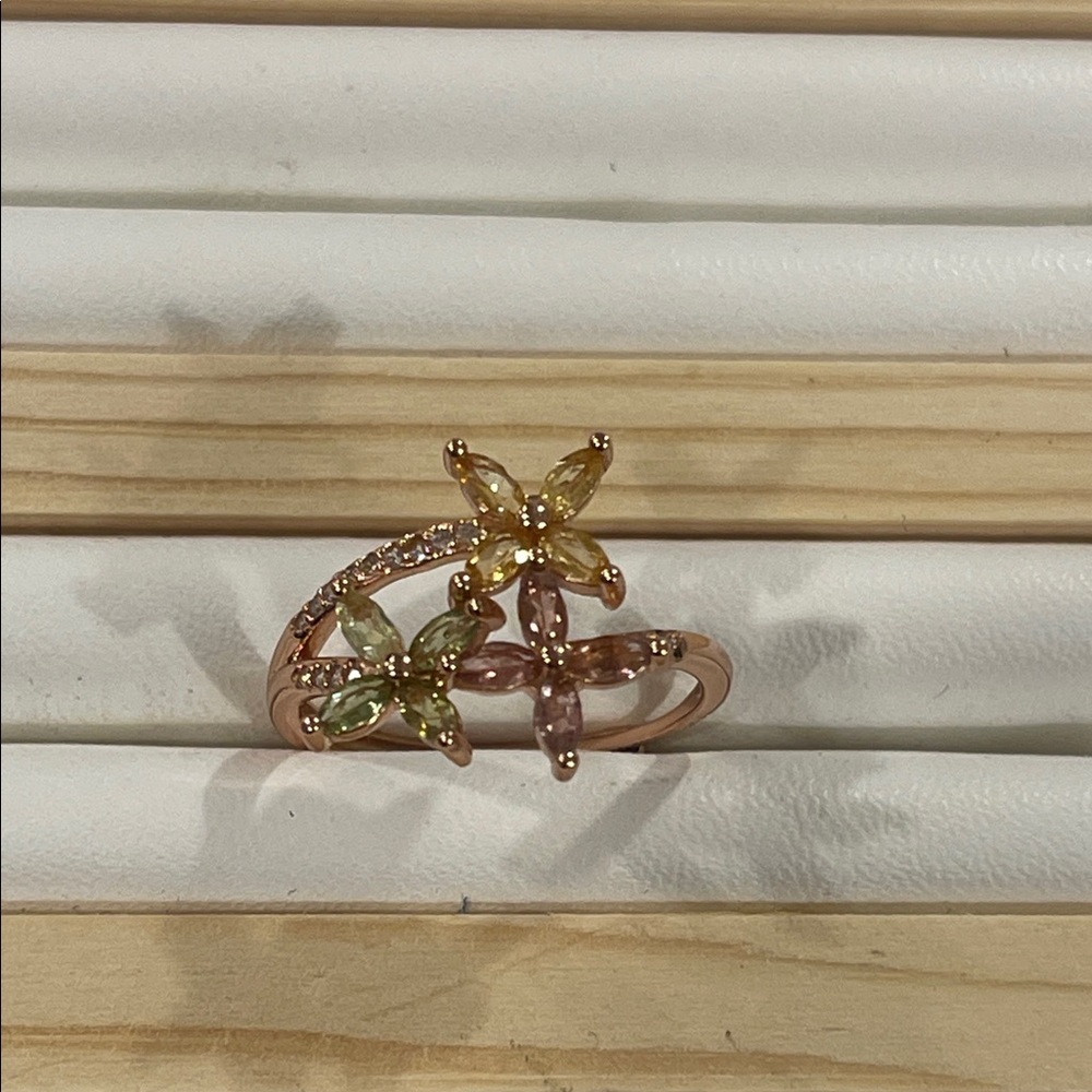 18K Rose Gold Over Sterling Silver Tourmaline Flower Adjustable Ring